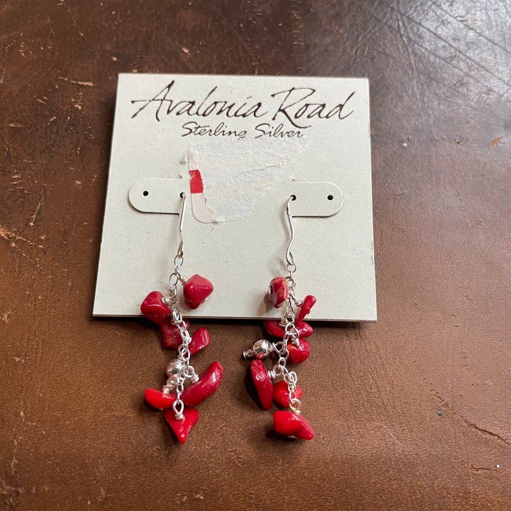 Women's Sterling Silver Dangling Earrings w/ Red Coral Pieces